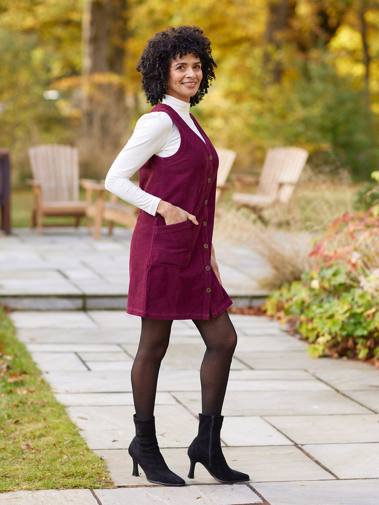 Sandie - Cord Pinafore Dress - Burgundy