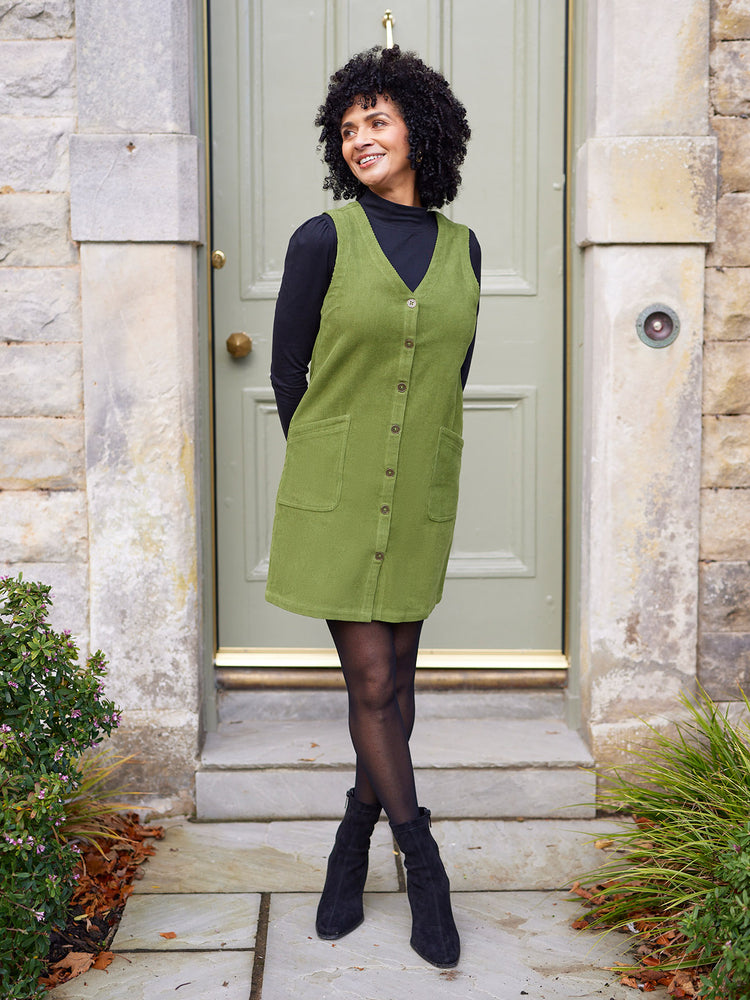 Sandie - Cord Pinafore Dress - Green
