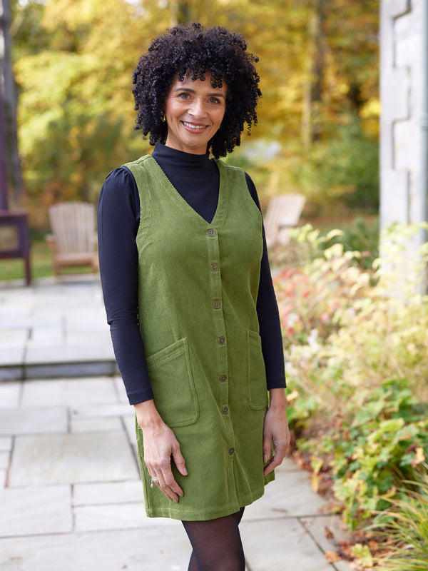 Sandie - Cord Pinafore Dress - Green