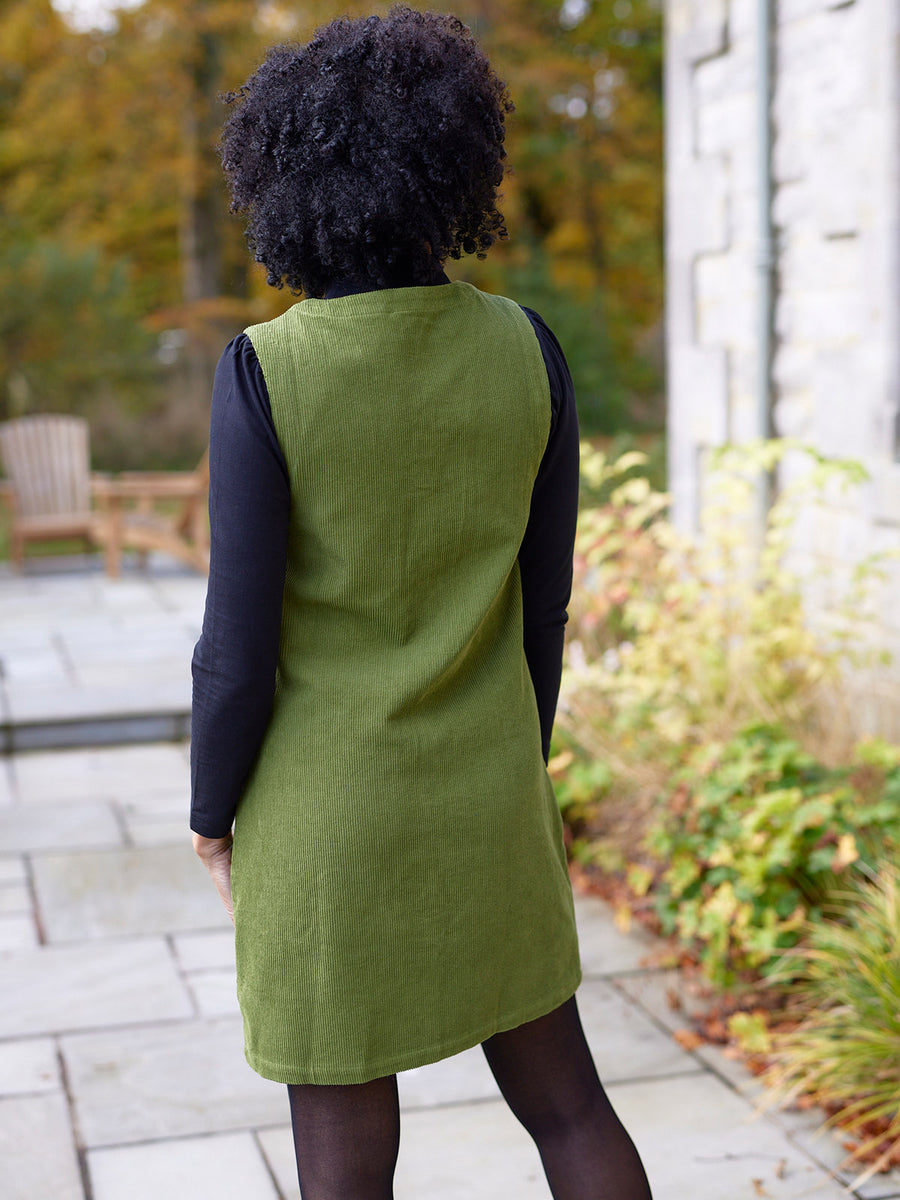 Sandie - Cord Pinafore Dress - Green