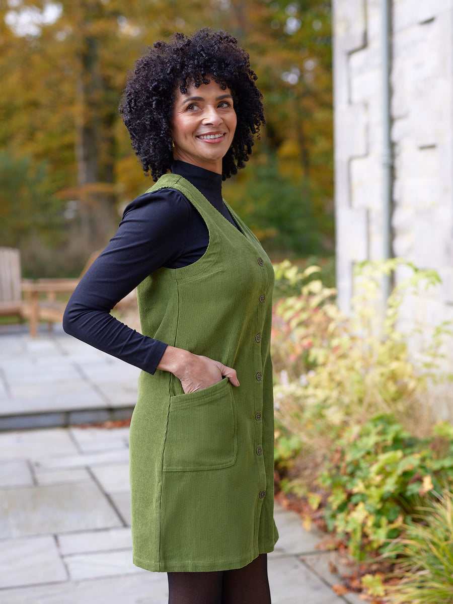 Sandie - Cord Pinafore Dress - Green