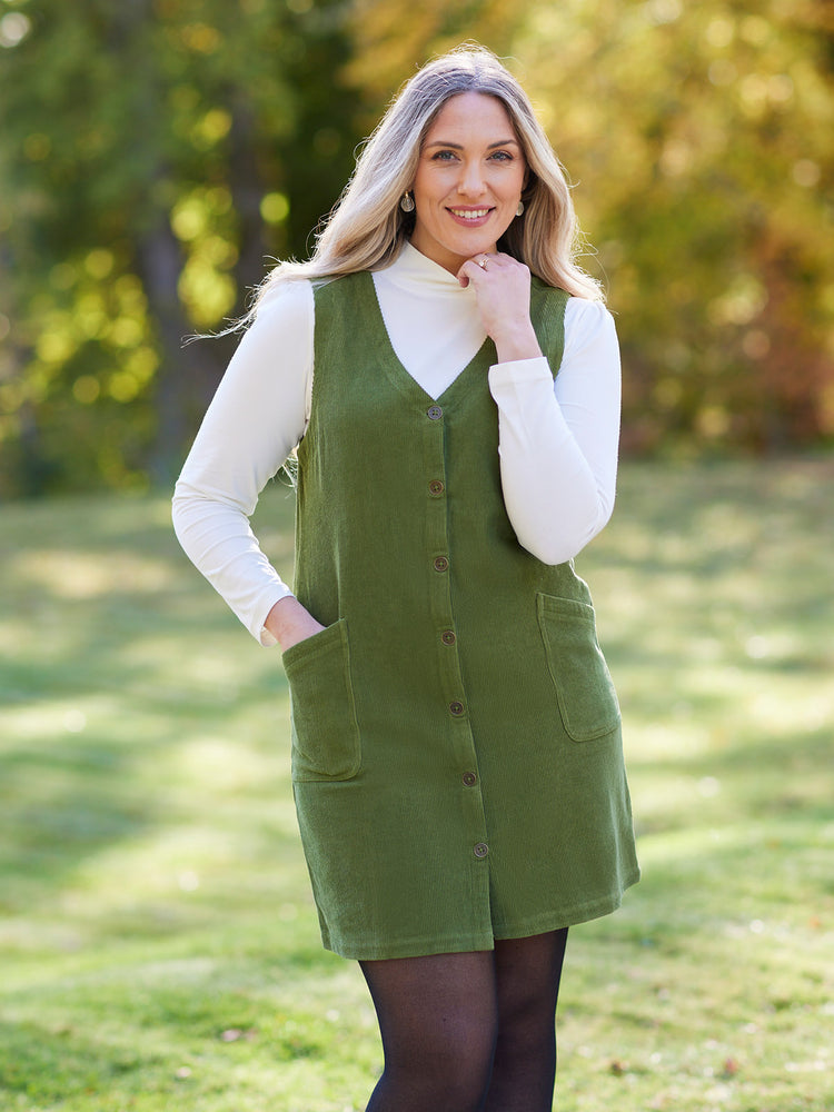 Sandie - Cord Pinafore Dress - Green