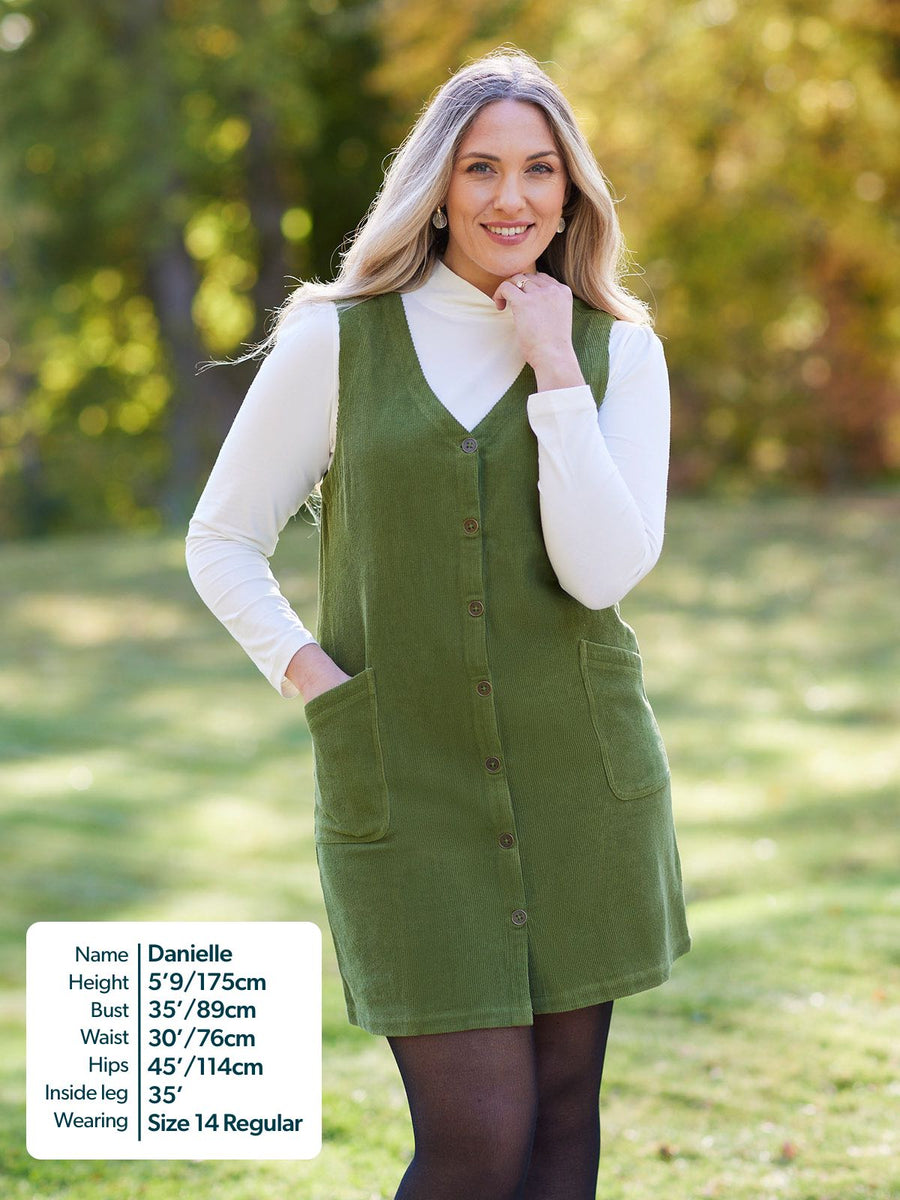Sandie - Cord Pinafore Dress - Green