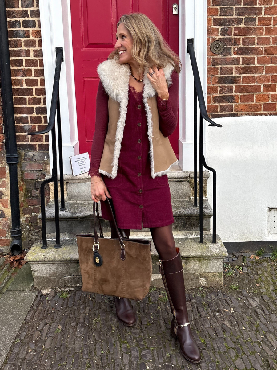 Sandie - Cord Pinafore Dress - Burgundy