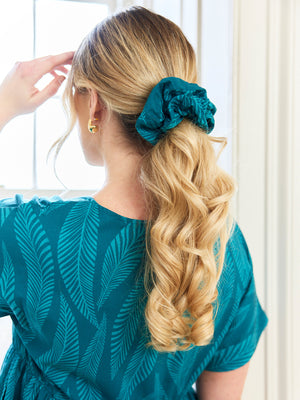 India - Hair Scrunchie - Fern Teal Leaf Print