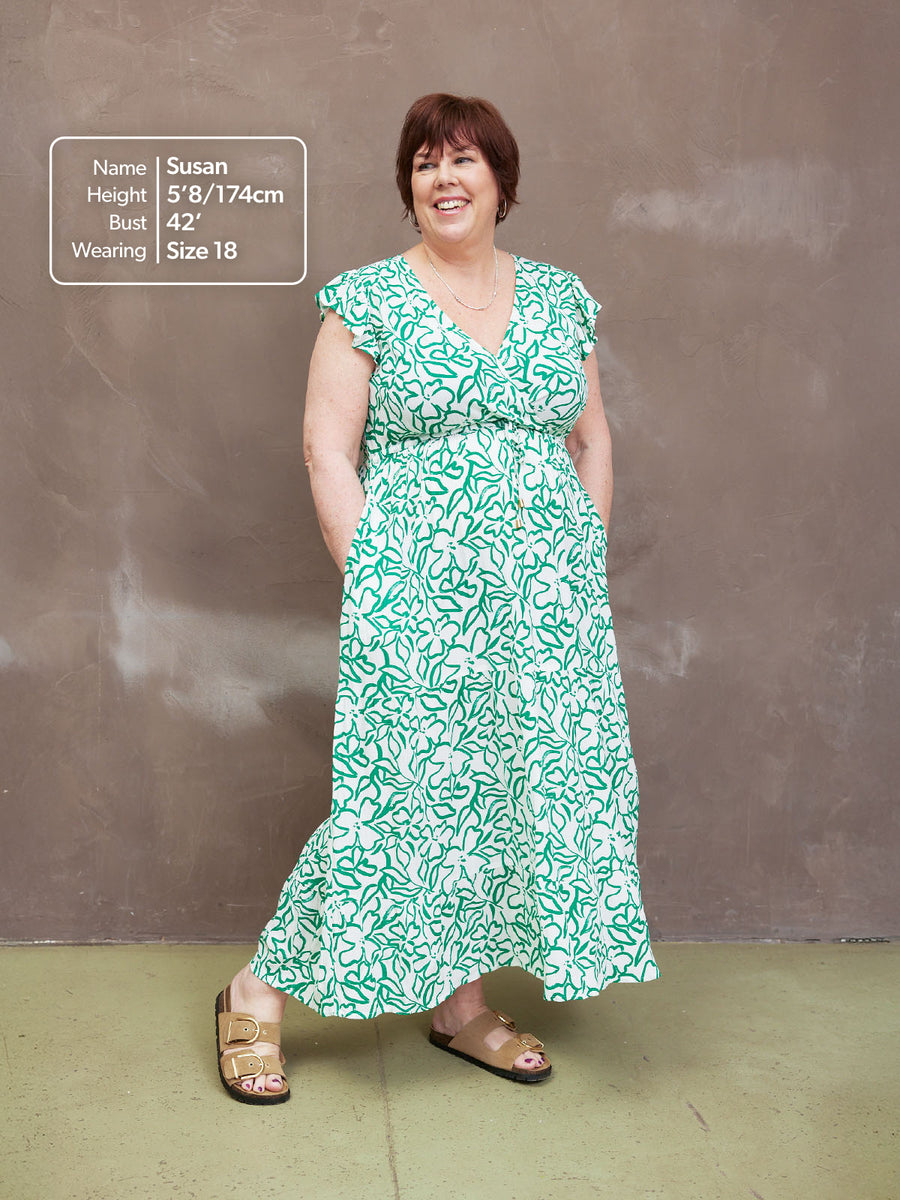 Susan Maxi Dress - White & Green Linear Print This is Unfolded Susan Maxi Dress - White & Green Linear Print This is Unfolded