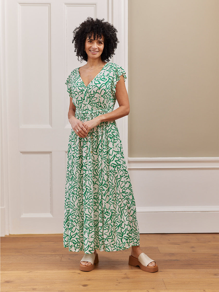 Susan Maxi Dress - White & Green Linear Print