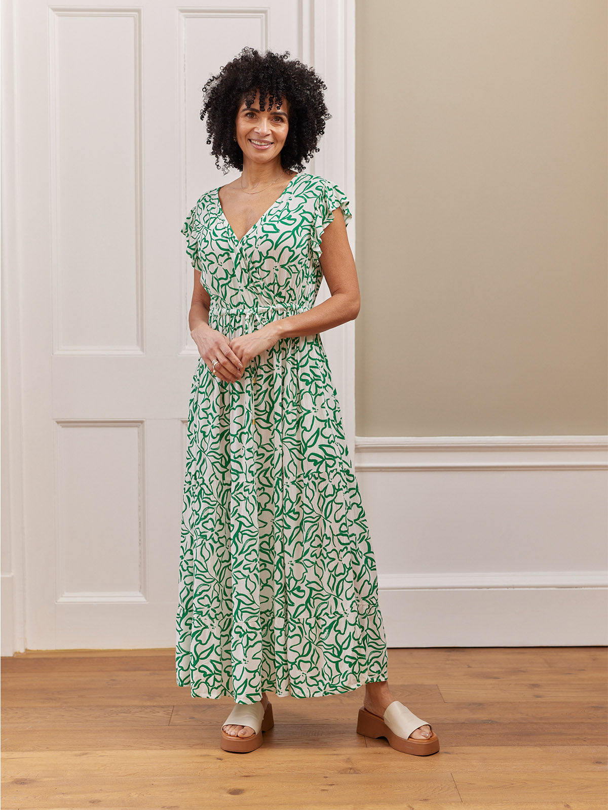 Susan Maxi Dress - White & Green Linear Print This is Unfolded Susan Maxi Dress - White & Green Linear Print This is Unfolded