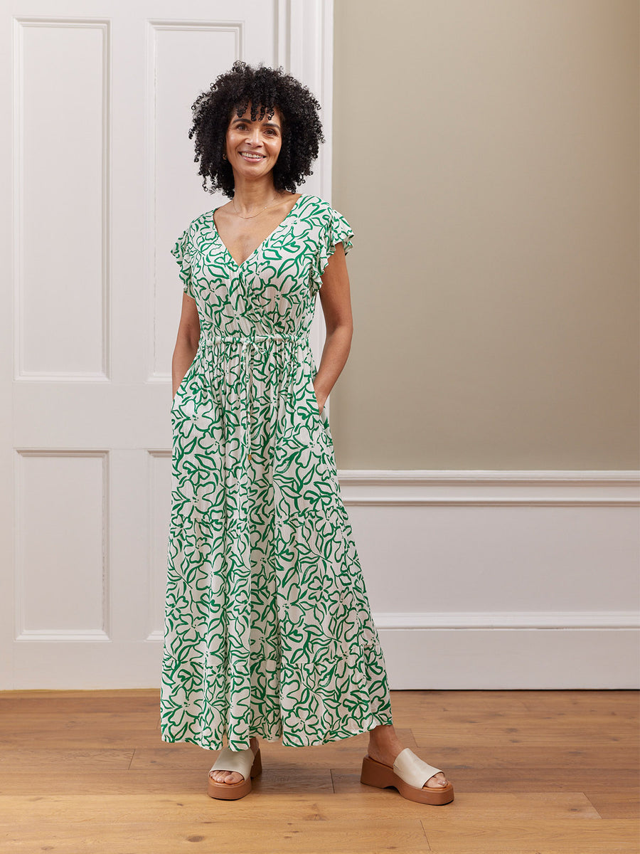 Susan Maxi Dress - White & Green Linear Print