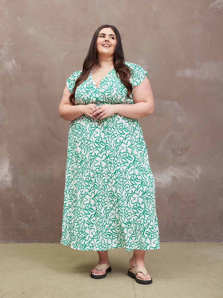 Model wearing a Susan wrap maxi dress