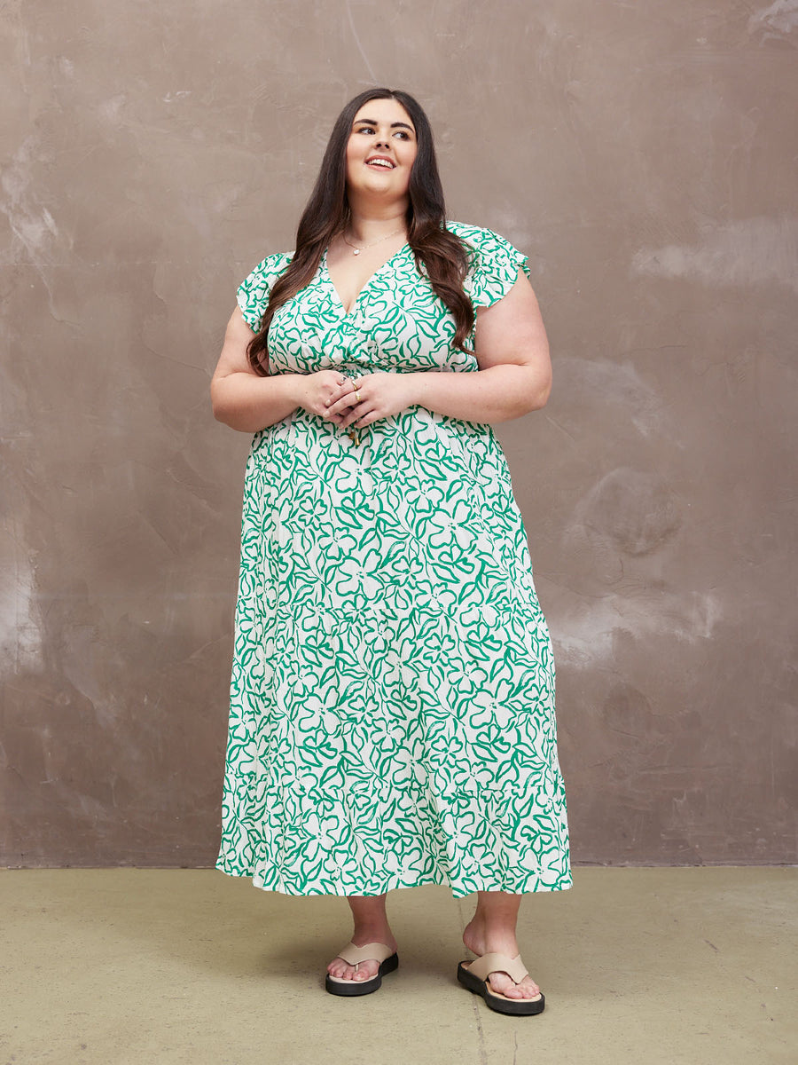 Model wearing a Susan wrap maxi dress