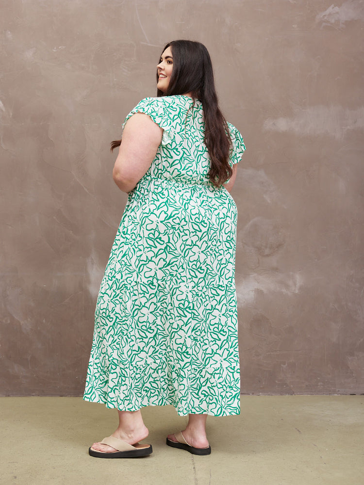 Model wearing a Susan wrap maxi dress, back