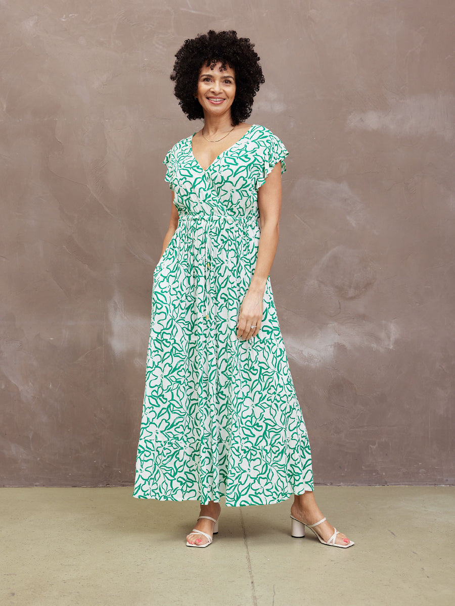 Susan Maxi Dress - White & Green Linear Print This is Unfolded Susan Maxi Dress - White & Green Linear Print This is Unfolded
