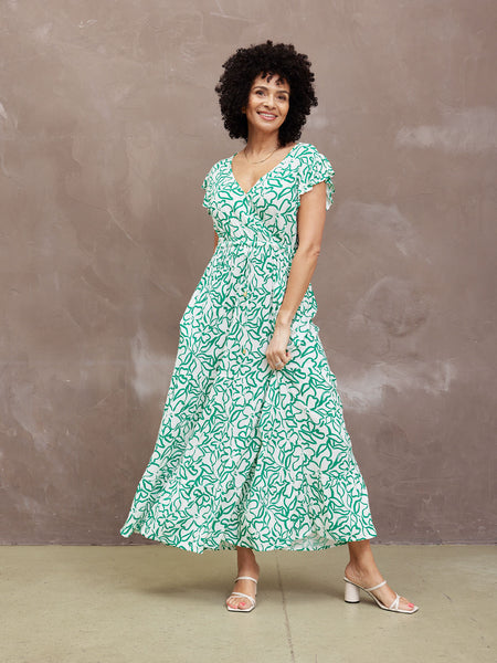 Susan Maxi Dress - White & Green Linear Print