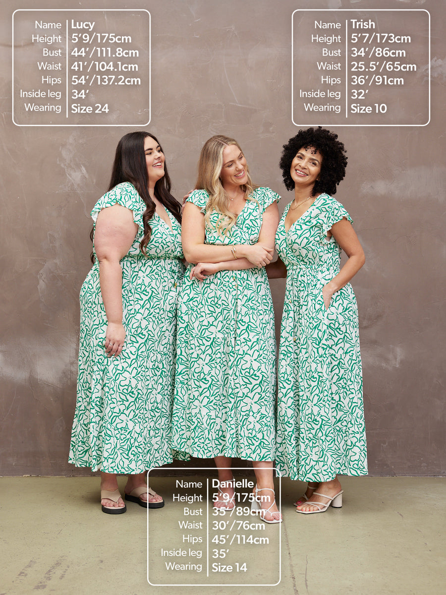 Models of different sizes wearing a Susan wrap maxi dress with size guides