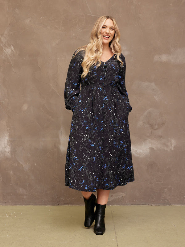 Susanne - V Neck Button Dress - Star Print