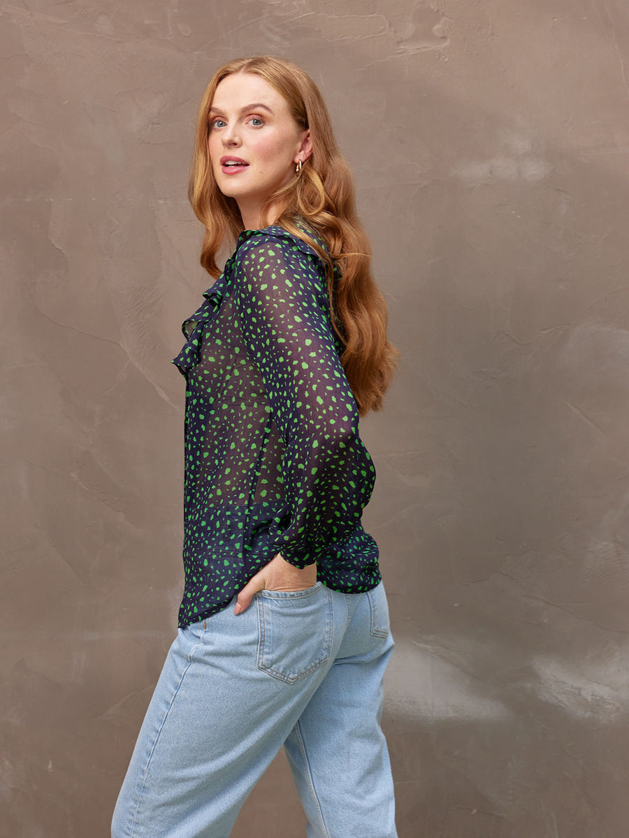 Tessa - Sheer Mock Neck Printed Blouse - Navy and Green