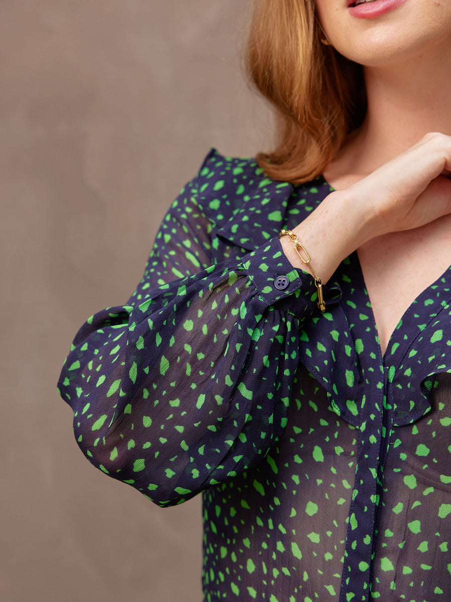 Tessa - Sheer Mock Neck Printed Blouse - Navy and Green