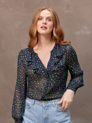 Tessa - Sheer Mock Neck Printed Blouse - Navy and Green