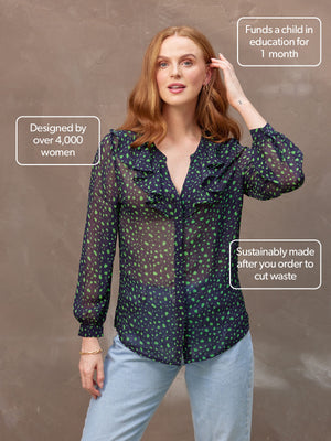 Tessa - Sheer Mock Neck Printed Blouse - Navy and Green