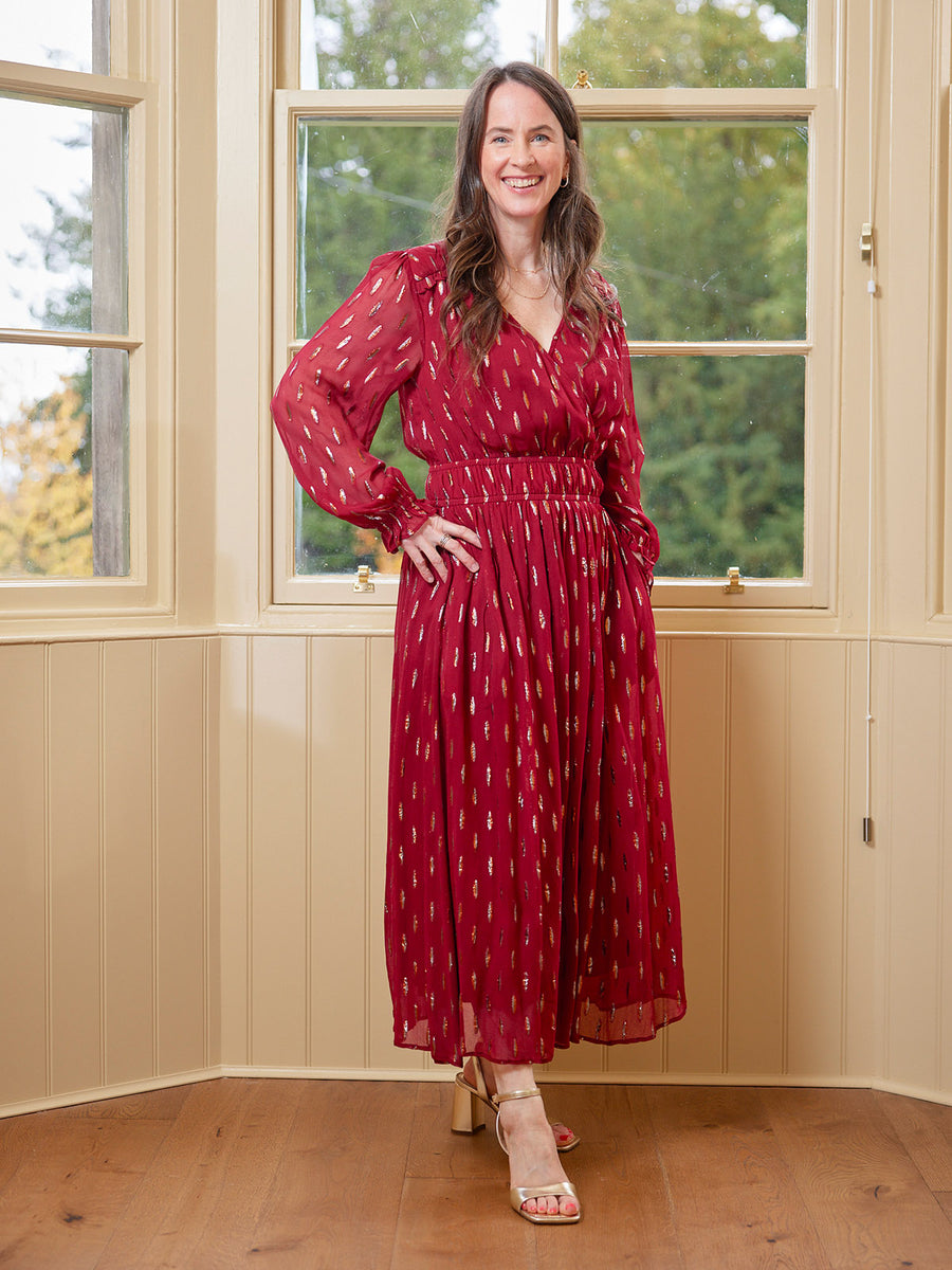 Valerie Lurex Dress - Burgundy and Bronze / Silver