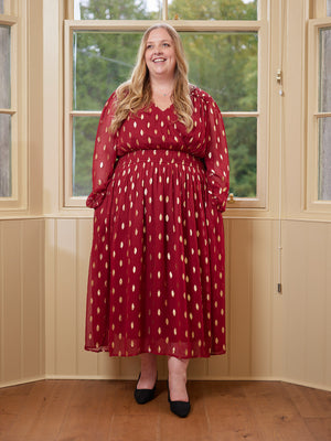 Valerie Lurex Dress - Burgundy and Bronze / Silver