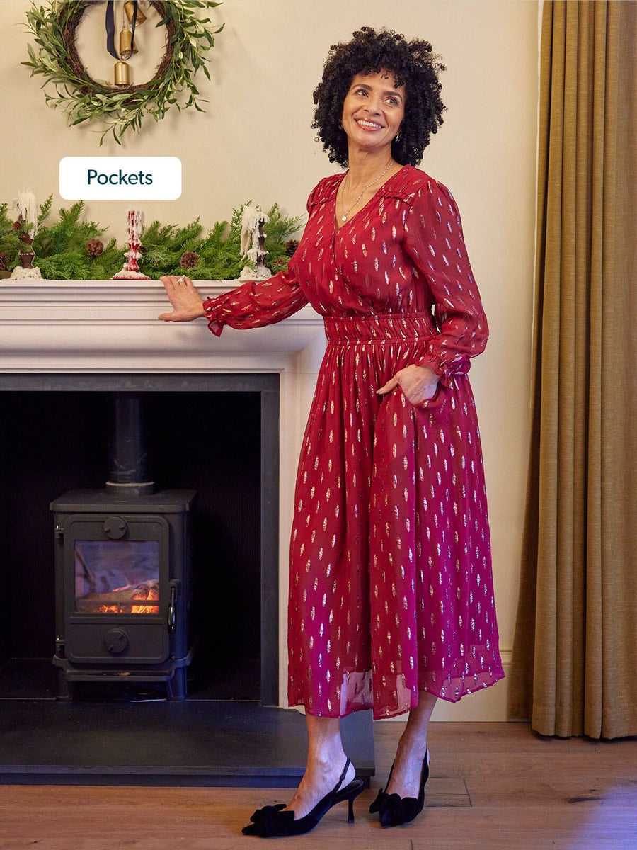 Valerie Lurex Dress - Burgundy and Bronze / Silver