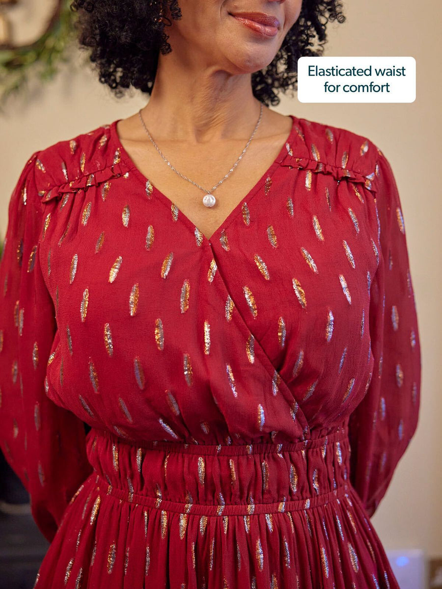 Valerie Lurex Dress - Burgundy and Bronze / Silver