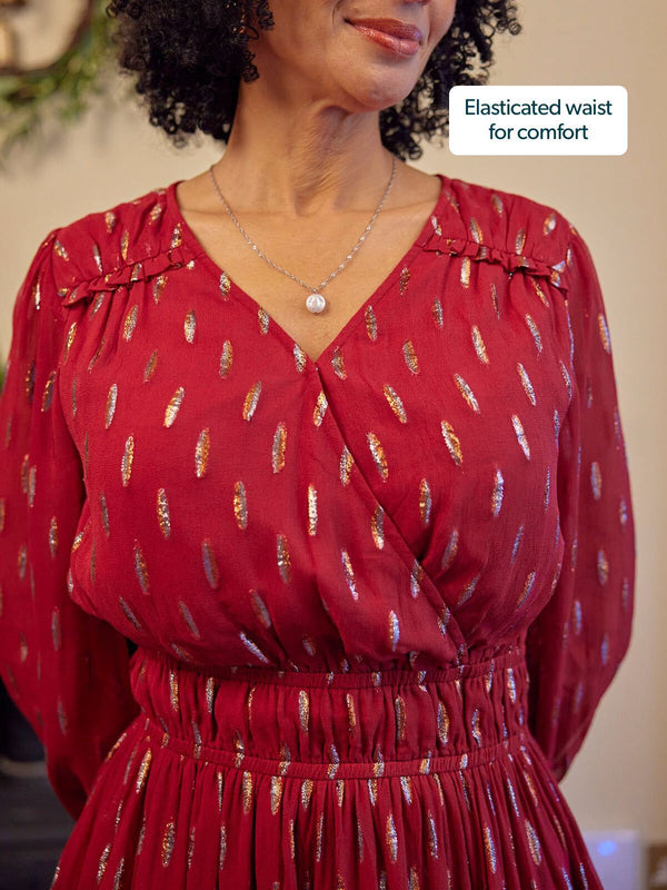 Valerie Lurex Dress - Burgundy and Bronze / Silver