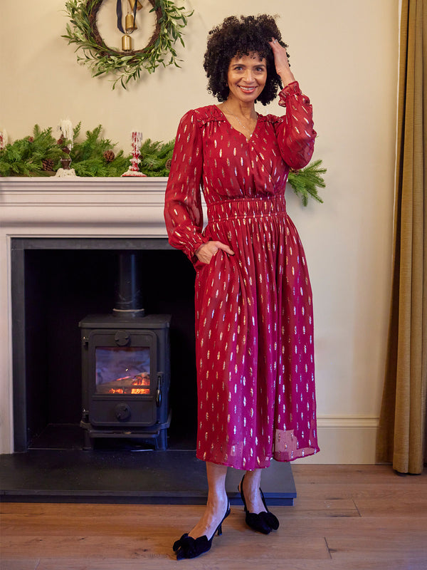 Valerie Lurex Dress - Burgundy and Bronze / Silver