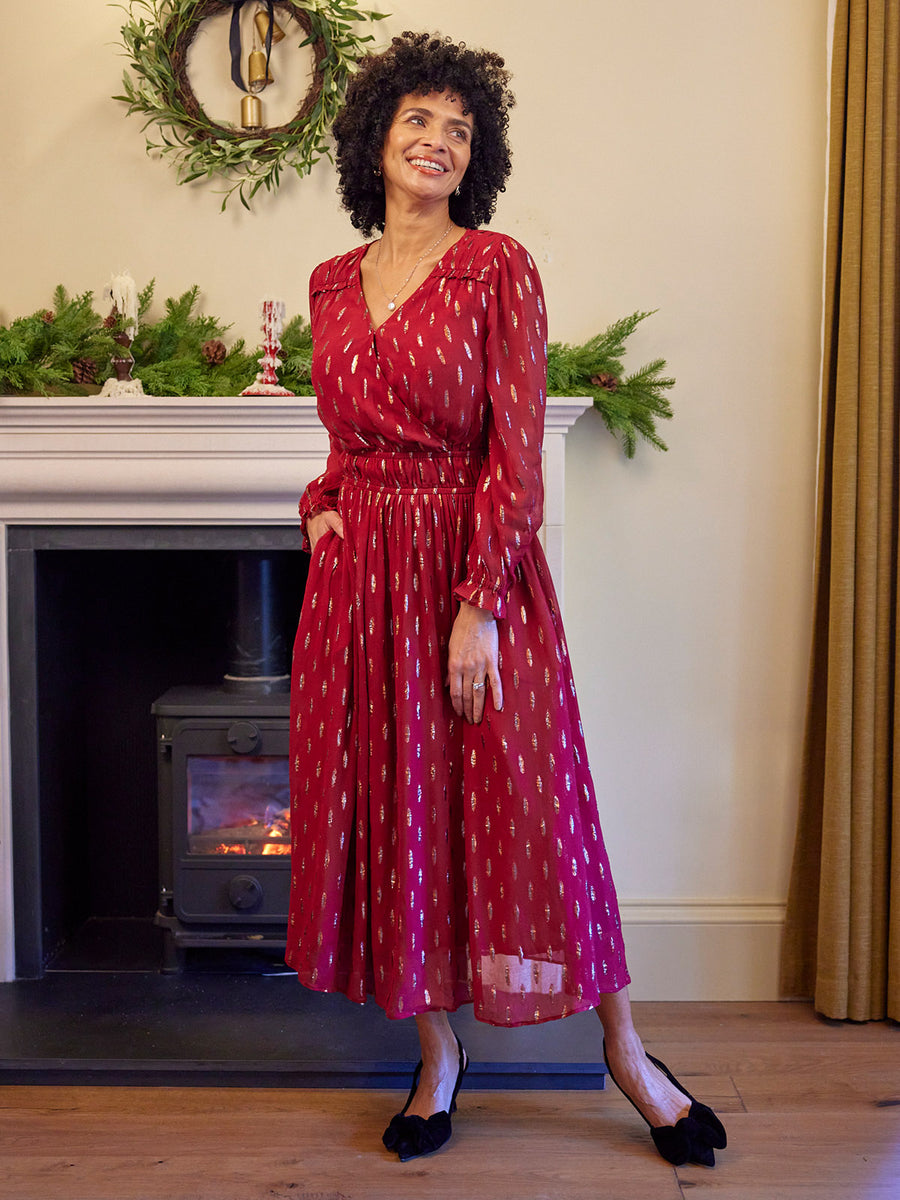 Valerie Lurex Dress - Burgundy and Bronze / Silver