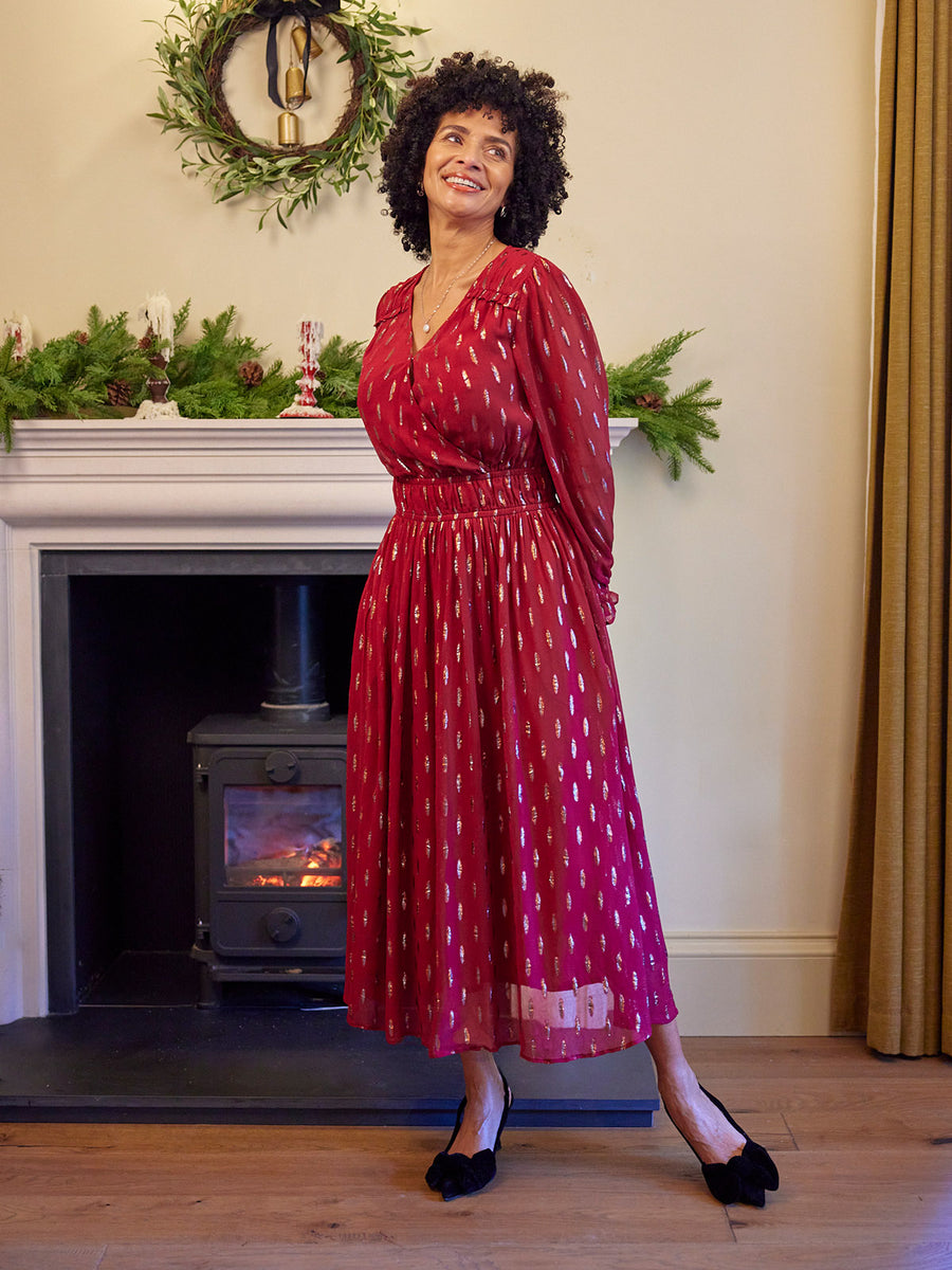 Valerie Lurex Dress - Burgundy and Bronze / Silver