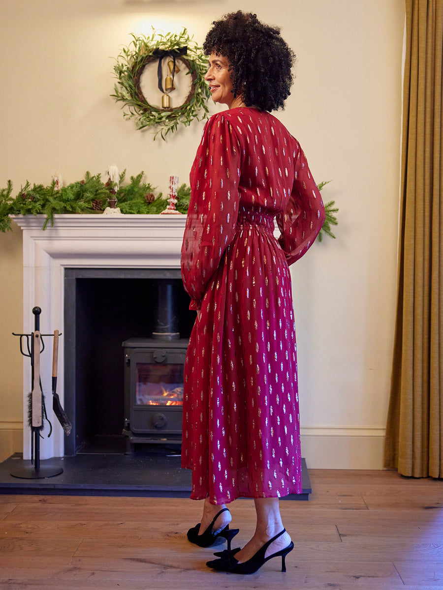 Valerie Lurex Dress - Burgundy and Bronze / Silver