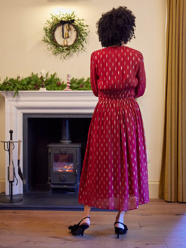 Valerie Lurex Dress - Burgundy and Bronze / Silver