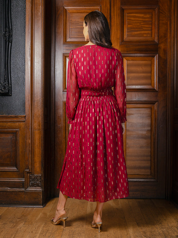 Valerie Lurex Dress - Burgundy and Bronze / Silver