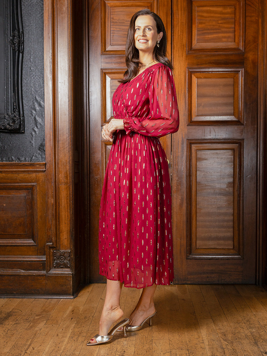 Valerie Lurex Dress - Burgundy and Bronze / Silver