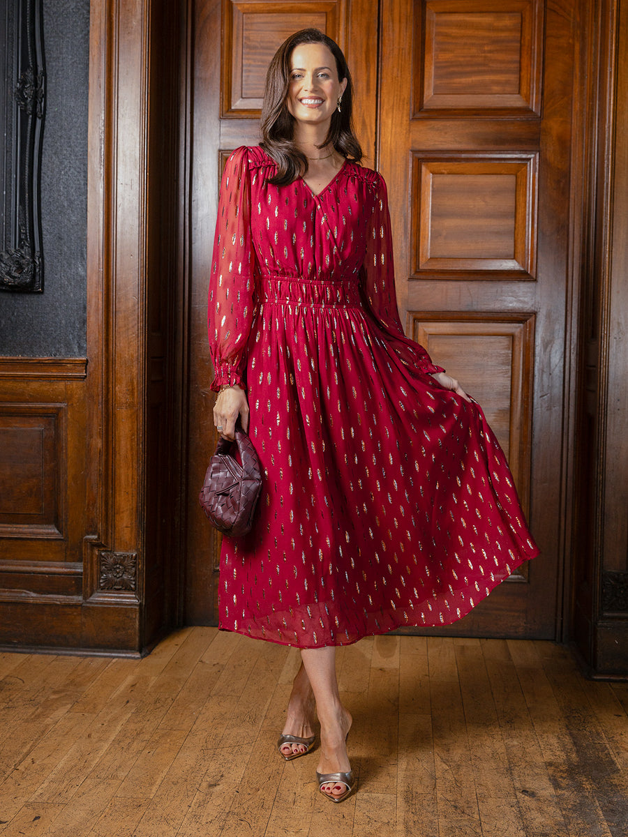 red lurex dress Elma Lurex Knit Halter Maxi Dress / Deep Red | MESHKI