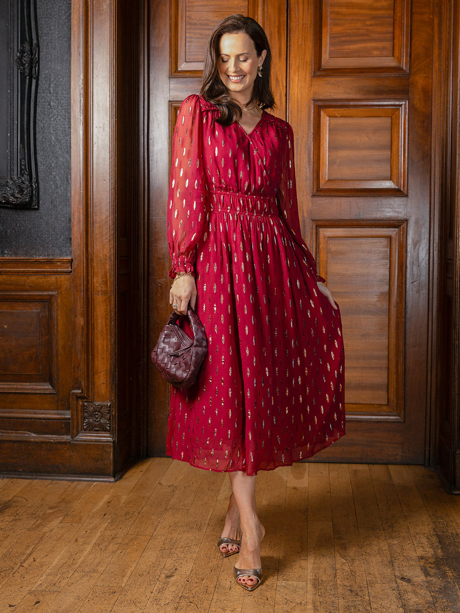 silver or gold with burgundy dress Burgundy dress with silver embroidery on the bodice