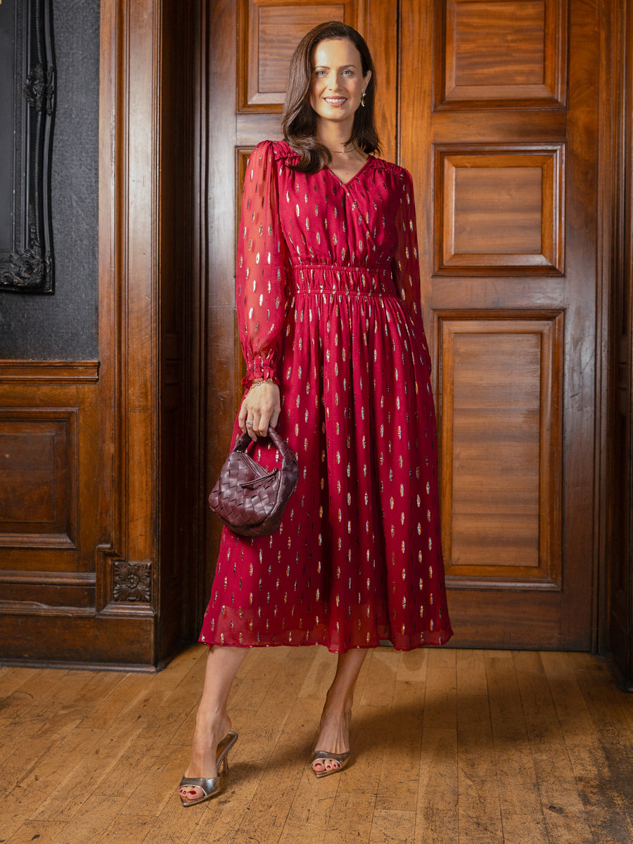 Valerie Lurex Dress - Burgundy and Bronze / Silver