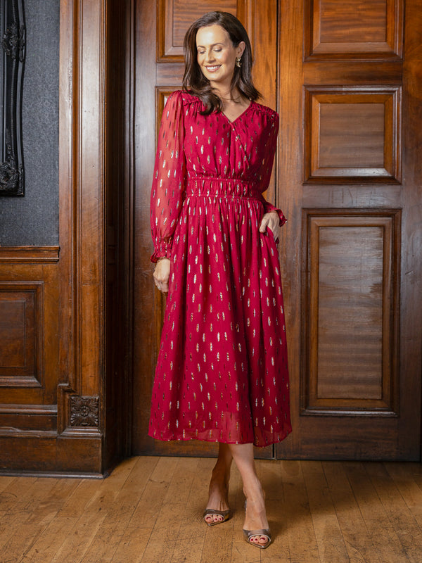 Valerie Lurex Dress - Burgundy and Bronze / Silver