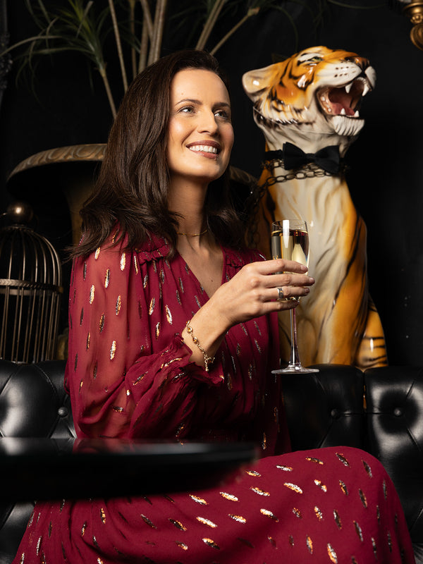 Valerie Lurex Dress - Burgundy and Bronze / Silver