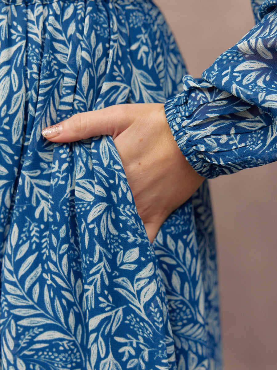 Vic Georgette Tie Waist Dress - Blue & Ecru Leaf Print