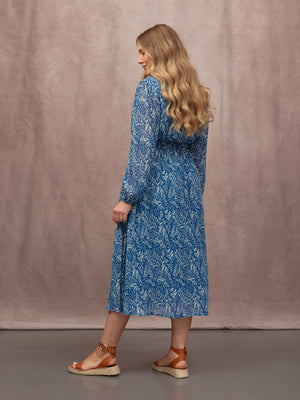 Vic Georgette Tie Waist Dress - Blue & Ecru Leaf Print