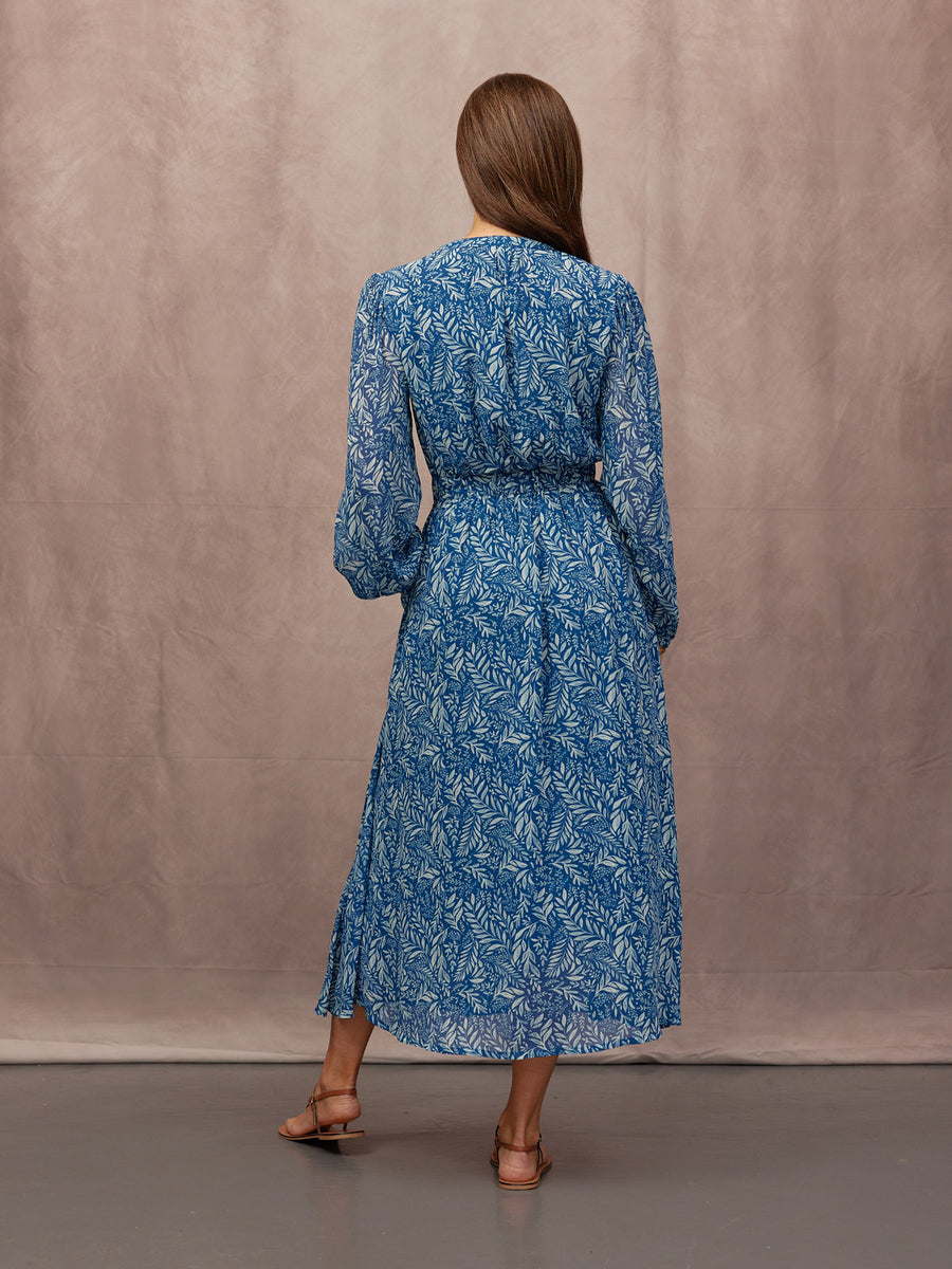 Vic Georgette Tie Waist Dress - Blue & Ecru Leaf Print