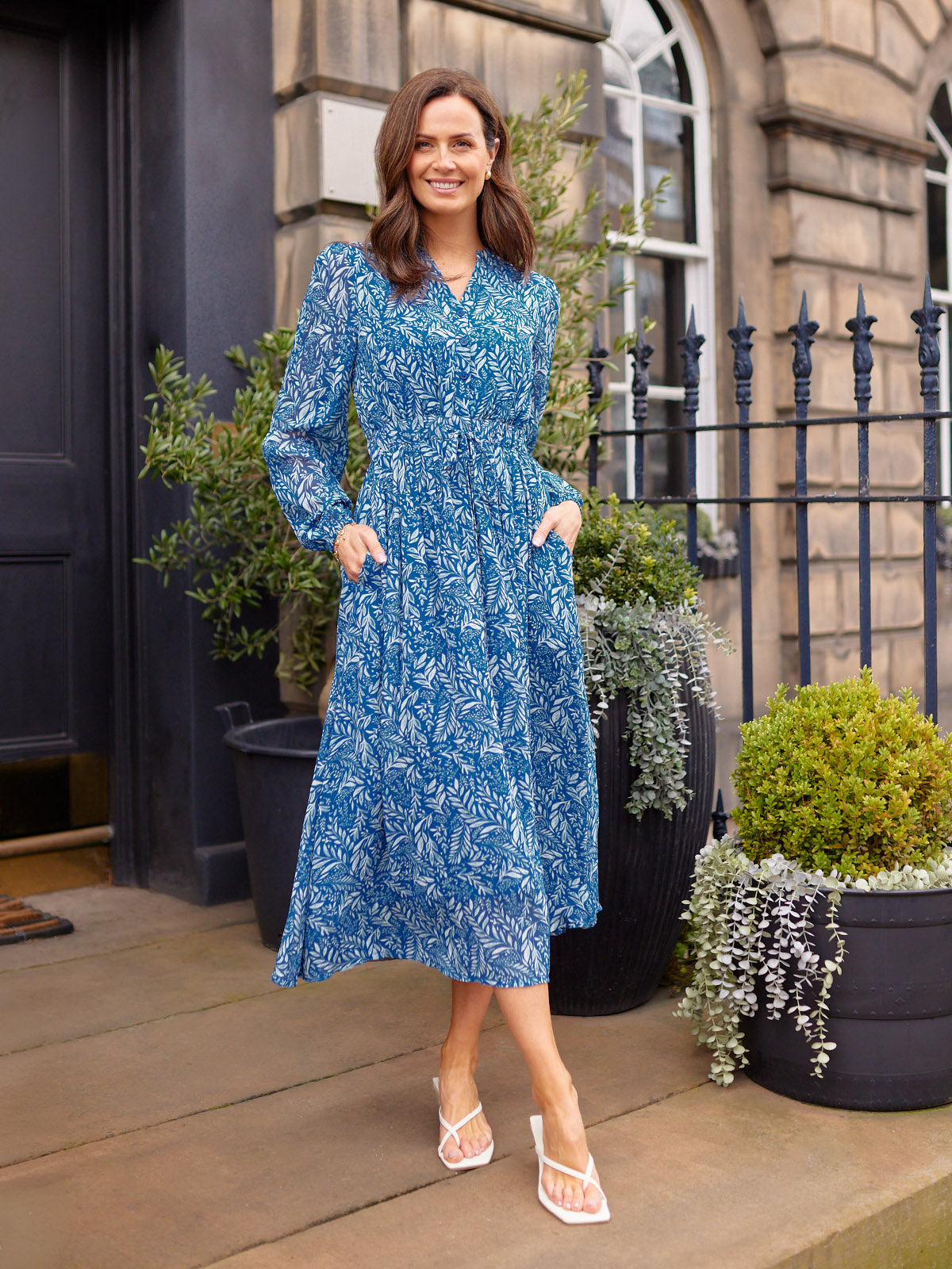 Vic Georgette Tie Waist Dress - Blue & Ecru Leaf Print This is Unfolded Vic Georgette Tie Waist Dress - Blue & Ecru Leaf Print This is Unfolded