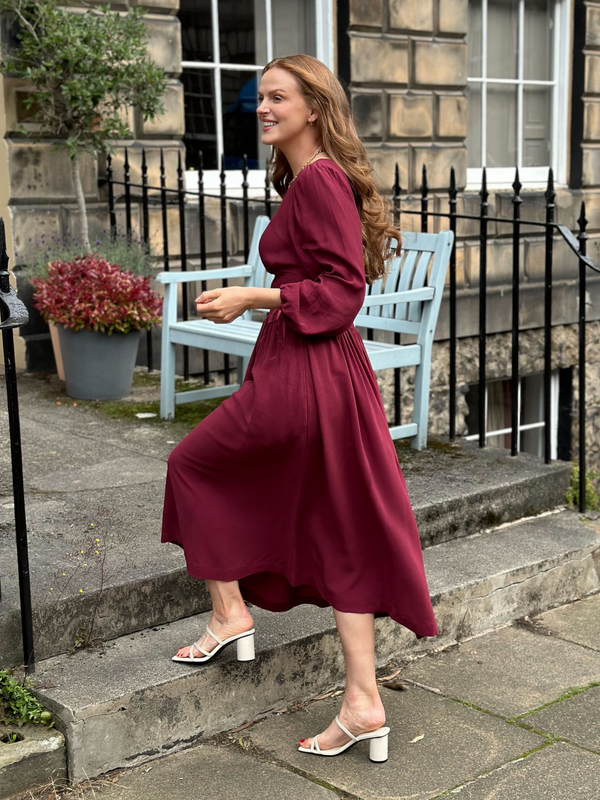 Maddie - V Neck Dress - Burgundy