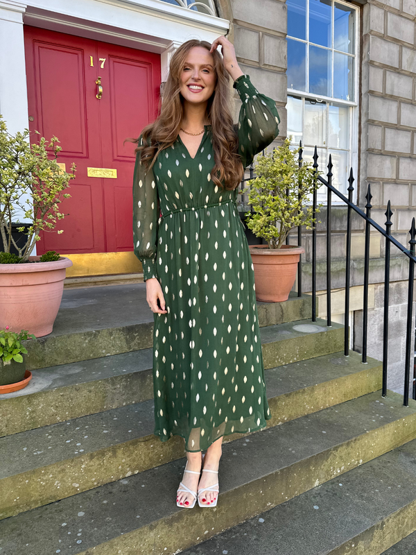 Libby - Lurex Midi Dress - Green and Gold