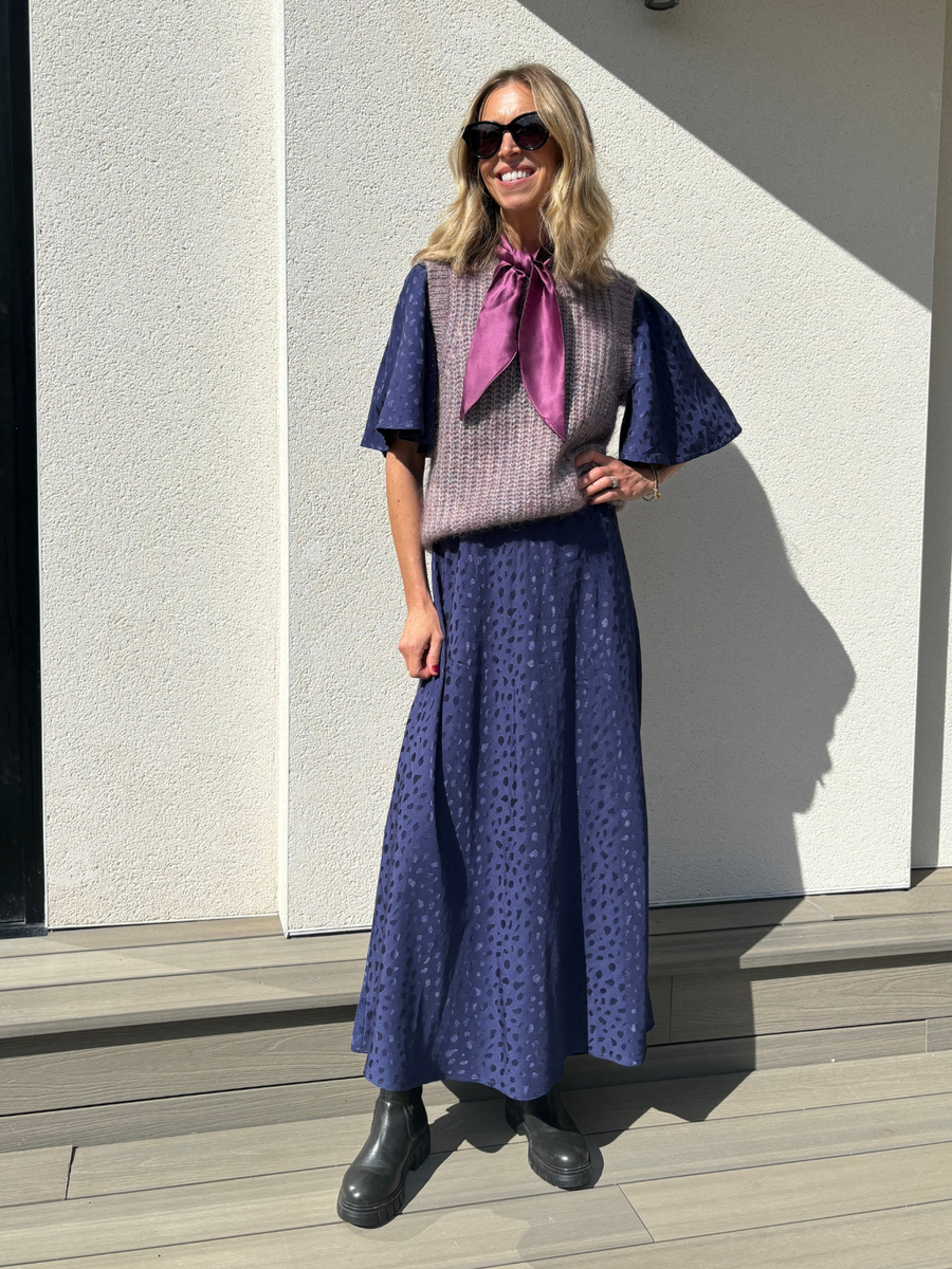 Lois - Angel Sleeve Satin Dress - Navy