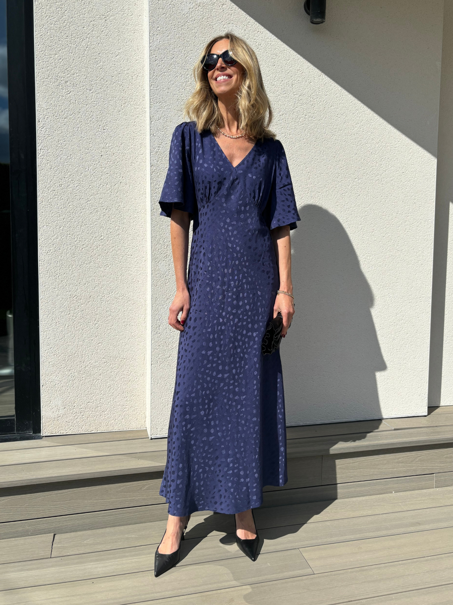 Lois - Angel Sleeve Satin Dress - Navy