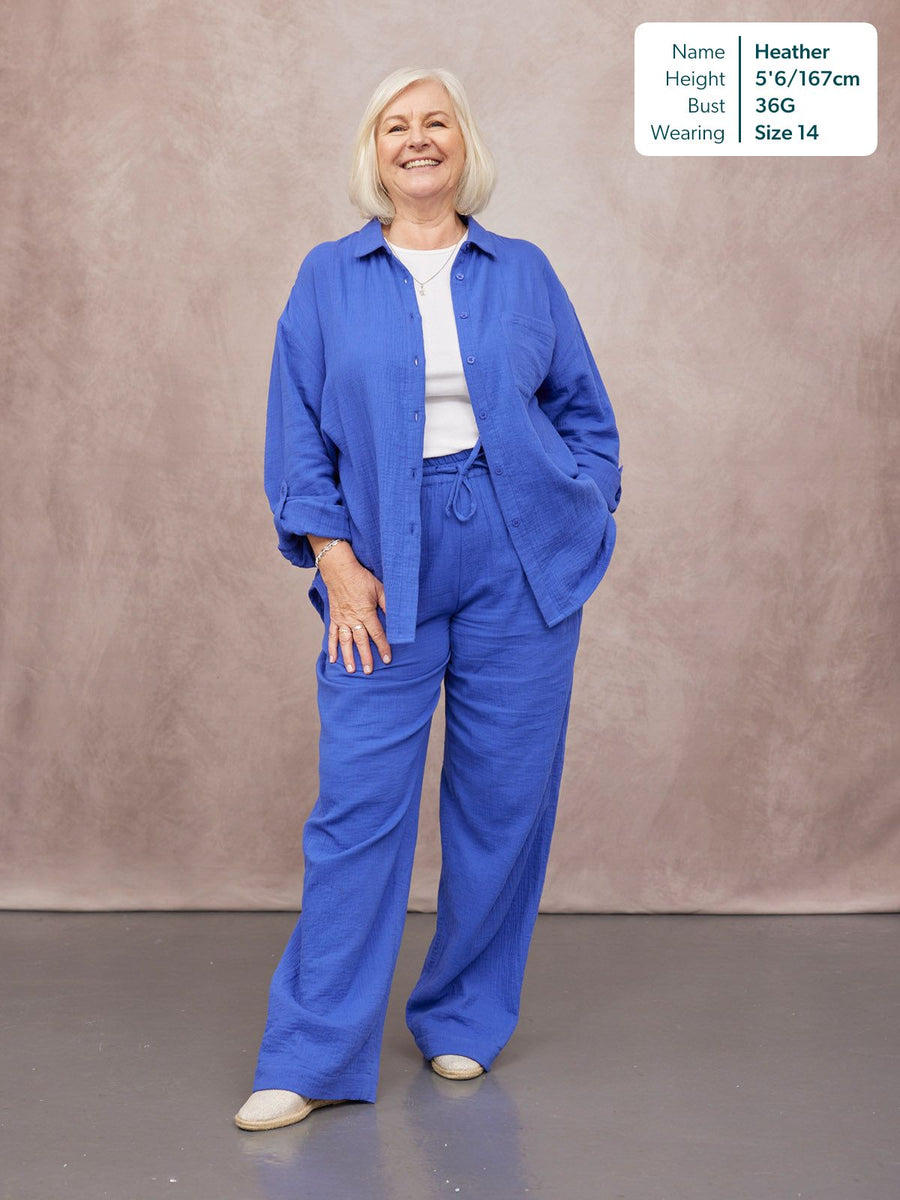 Deborah Oversized Cotton Crinkle Shirt in cobalt blue, worn open over white top with matching wide-leg trousers